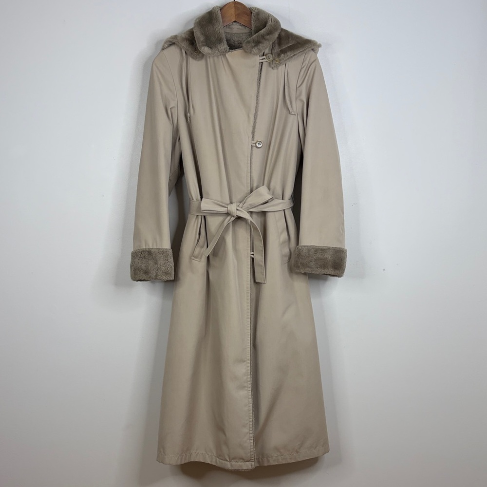 Vintage Overcoat Womens 8 Beige Faux Fur Fleece Lined Maxi Hooded Trench Coat